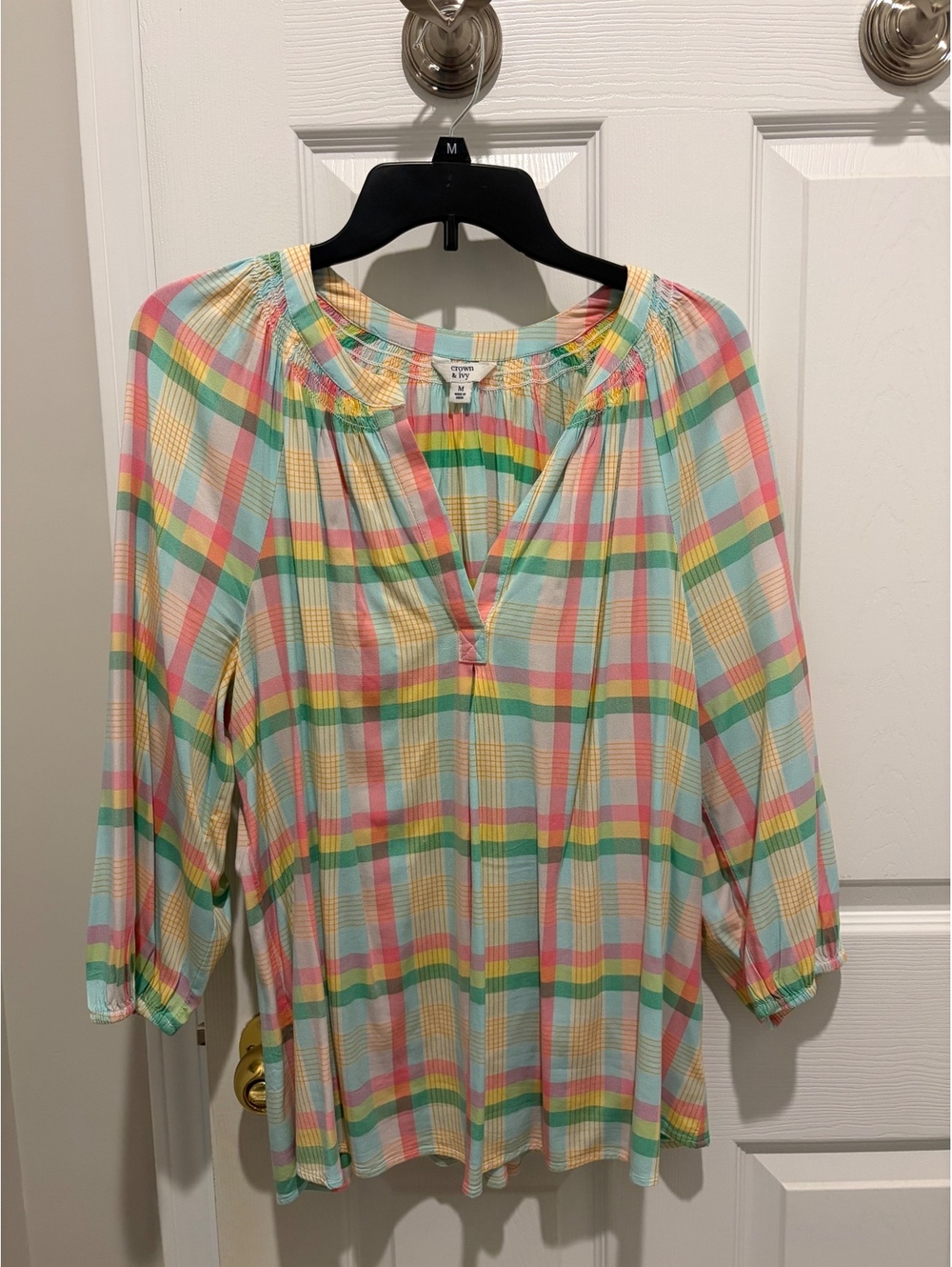 Crown & Ivy Pastel plaid peasant blouse - M